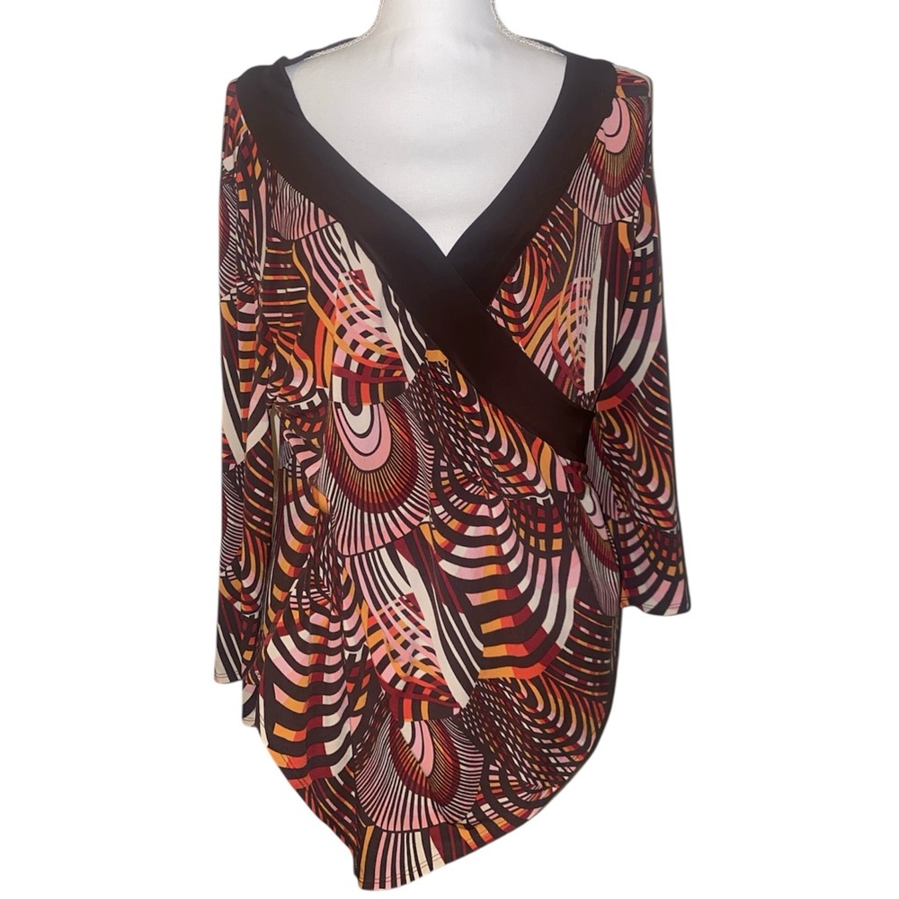 Cato Womens 3/4 Sleeve Wrap Blouse Shirt 14/16 XL Retro Boho Asymmetrical